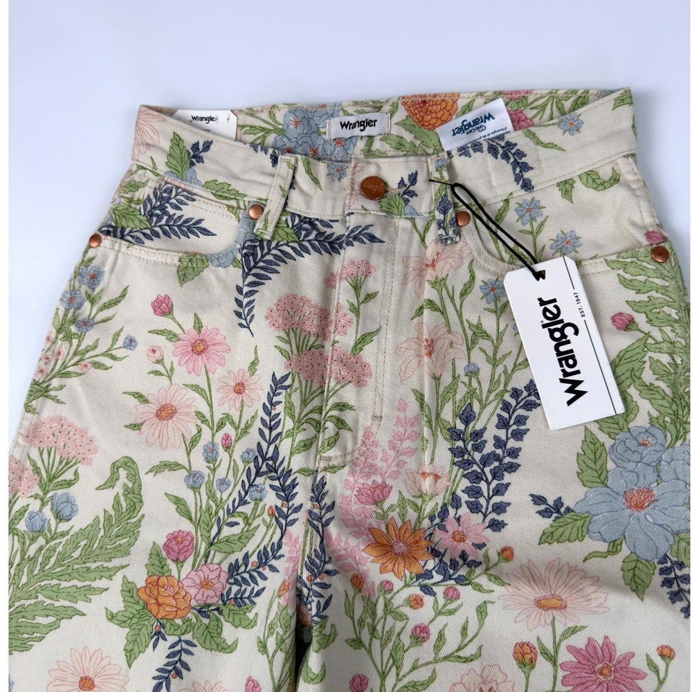 Wrangler Floral Flare Jeans Womens 27 Cream Botanical Print 70s Boho Bell Bottom - Picture 3 of 16